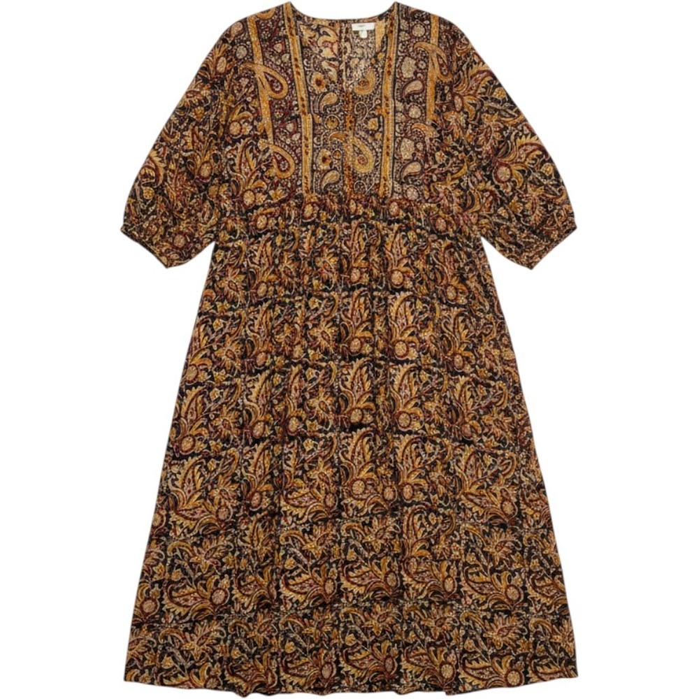 MarketPlace Handwork India Black Kalamkari Caftan Maxi Dress Boho Cotton Fall